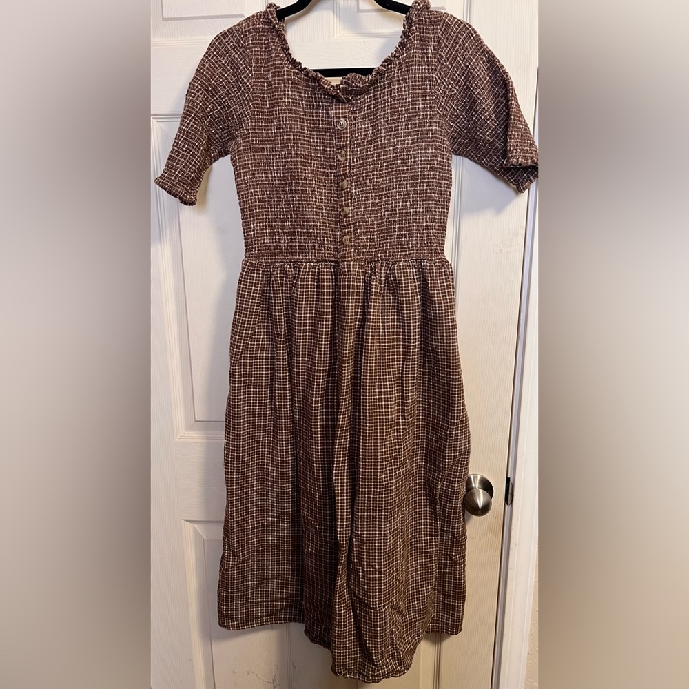 Little cottonwood cotton dress size S brown plaid smocked - Picture 3 of 3